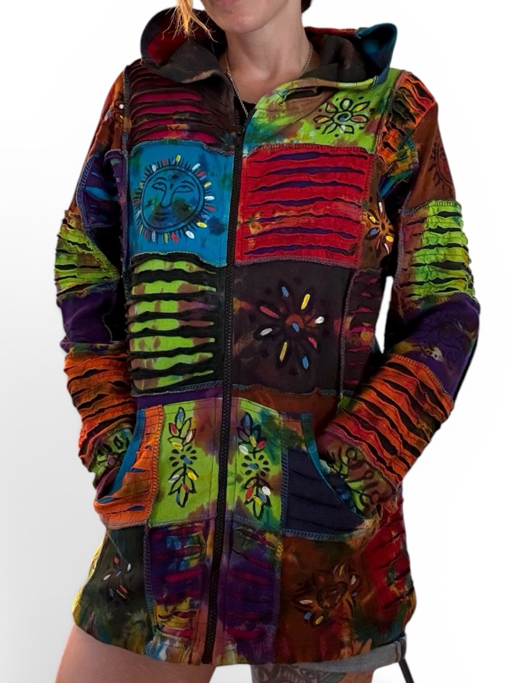 NWT Multi-Color Tie Dye Rising International Patchwork Hooded Zip Jacket